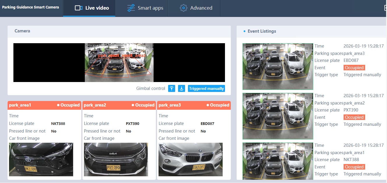 Vista en vivo de camara de guiado con 3 bahias ocupadas y placas reconocidas