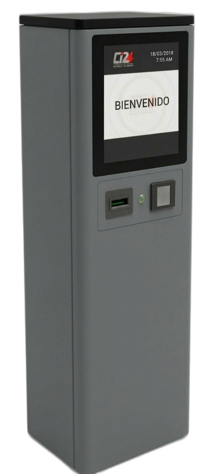 Consola de ingreso vehicular CI24 modelo 17 pulgadas instalada en estacionamiento colombiano