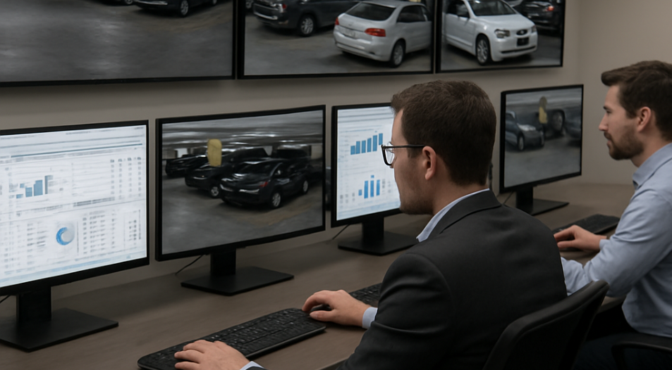 Plataforma de monitoreo CI24 con 3 pantallas mostrando video por transacción